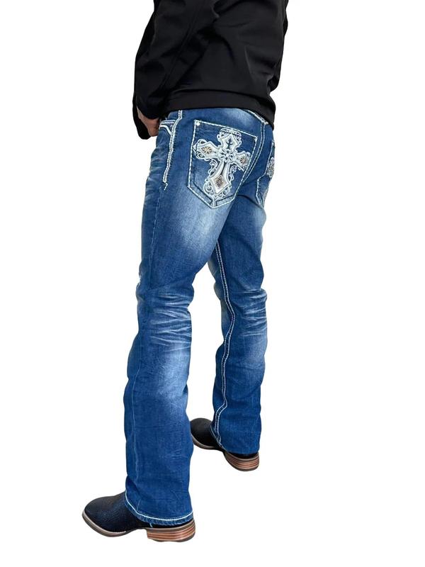 Xecond Yves Navy Blue with rip's and Embroidered  with a Cross in Back Pockets jeans