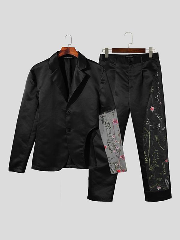 Two-Piece Set Men's Floral Embroidery Contrast Mesh Sheer Blazer & Plicated Pants, Asymmetrical Hem Lapel Neck Button Front Top & Trousers, Two-piece Outfits for Party Business Formal Occasions