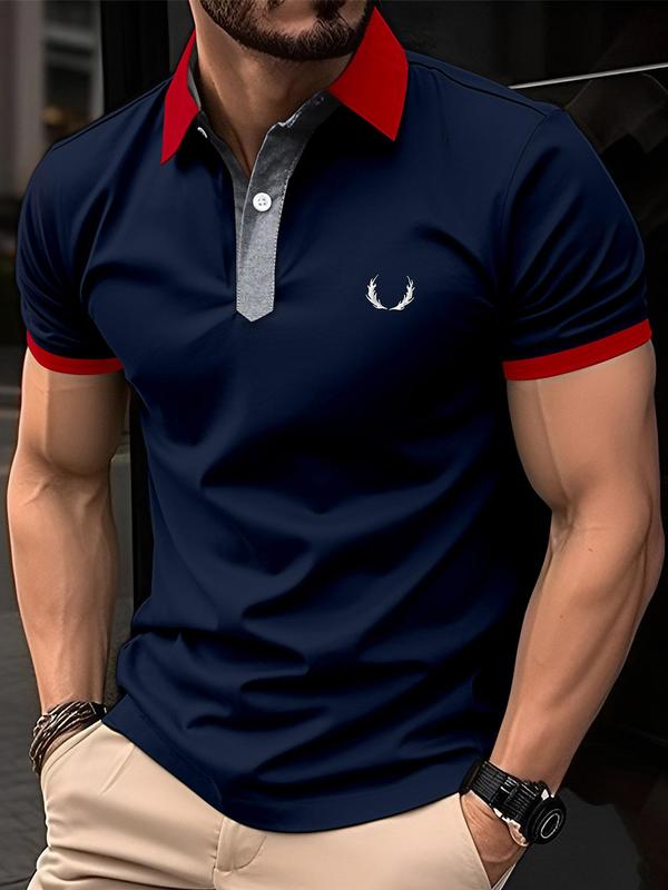 Men's Regular Fit Wing Print Short Sleeve Polo Shirt, Casual Contrast Binding Collared Top for Summer, Fashion Men's Clothes for Daily Wear