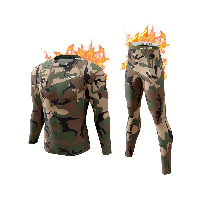 Men's camouflage print thermal underwear, wool autumn clothing set, winter hunting outdoor running cycling skiing equipment sports