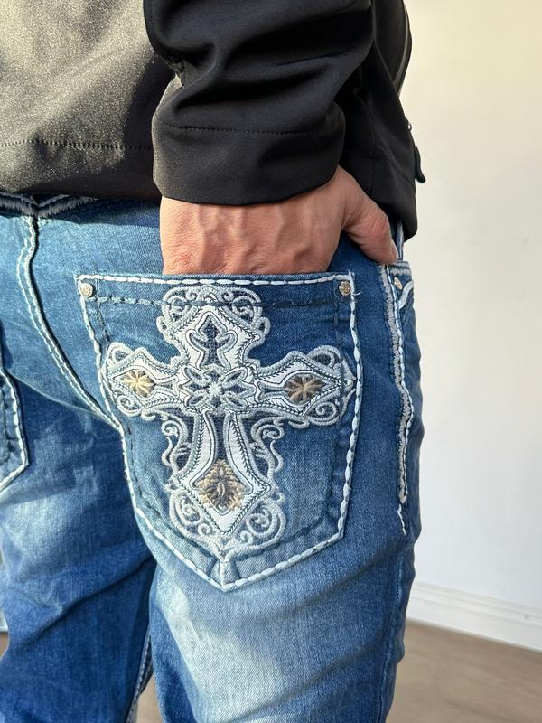 Xecond Yves Navy Blue with rip's and Embroidered  with a Cross in Back Pockets jeans