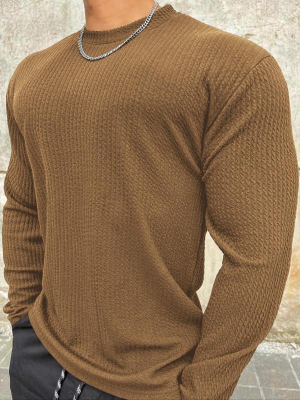 Men's Solid Textured Round Neck Knit Top, Casual Regular Fit Long Sleeve Crew Neck Knitwear for Spring & Fall, Fashion Men's Knit Clothing for Daily Wear