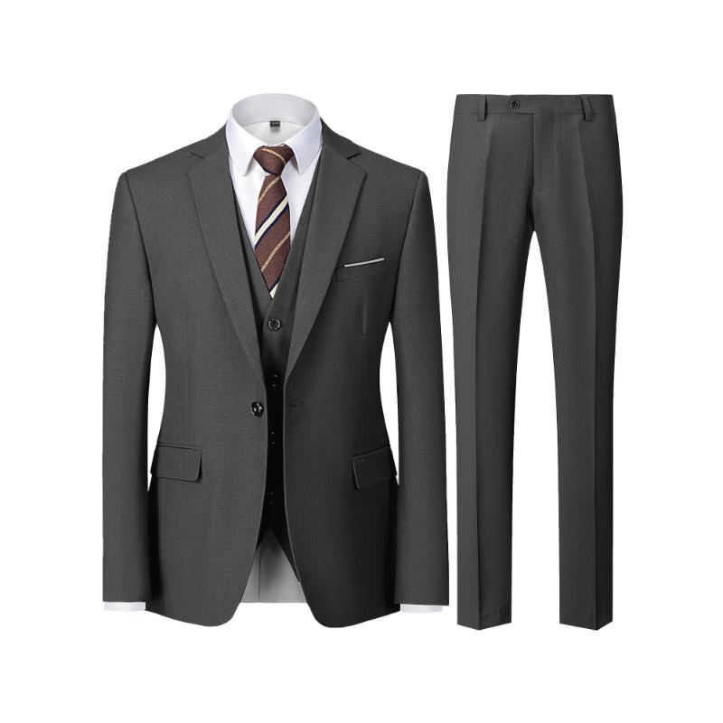 3pcs Men's Business Fashion Dress Suit Set, Notch Lapel Collar Blazer, Single Breasted Waistcoat With Back Tie And Slim Fit Pants, Elegant And Smart Formal Wear For Business, Wedding, Banquet Wear