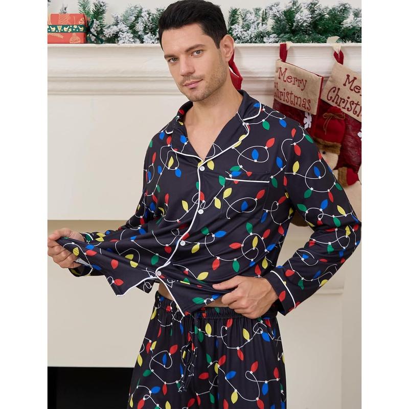 Christmas Pajamas Set for Men Xmas Pjs Holiday Soft Sleepwear Button Down Loungewear with Pockets