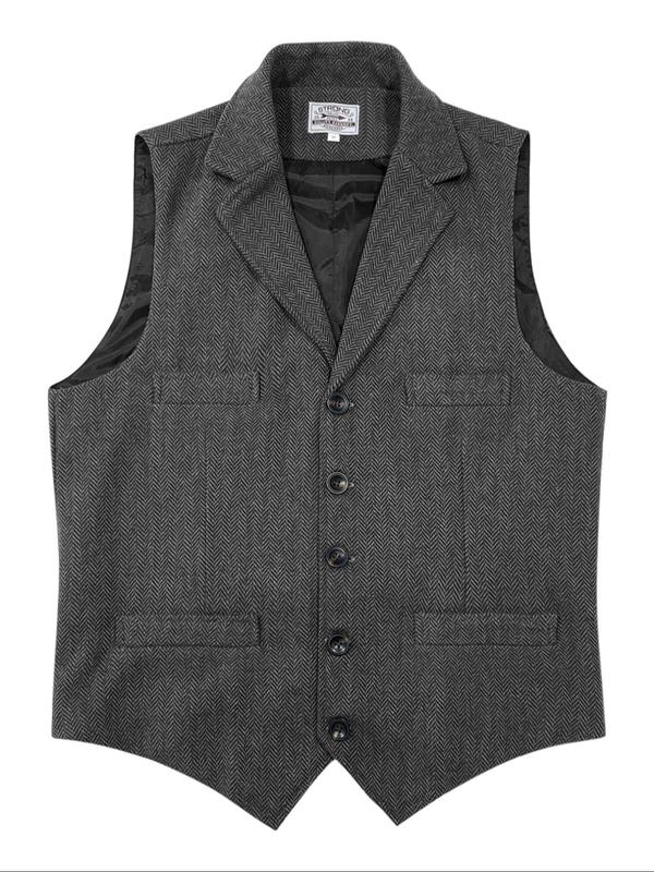 Men's Herringbone Pattern Button Front Lapel Neckline Vest Blazer, Regular Fit Asymmetrical Hem Sleeveless Suit Vest for Work Office Business, Men's Clothes for Fall & Winter