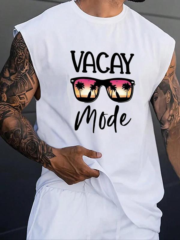 Men's Letter & Glasses Print Round Neck Tank Top, Regular Fit Casual Sleeveless Graphic Top for Summer, Men's Top for Daily Wear