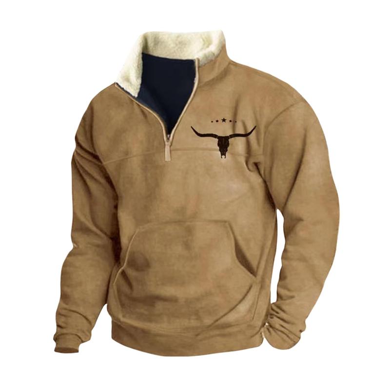 Men's Western Fleece Jacket Cowboy Bull Head Print Pullover 1 4 Zip Stand Collar Long Sleeve Sweatshirts Tops