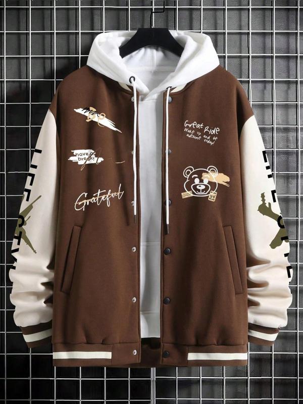 Men's Cartoon Bear & Letter Print Drop Shoulder Varsity Jacket without Inner Top, Loose Casual Preppy Style Long Sleeve Pocket Button Front Outerwear for Daily Wear, Men's Clothes for All Seasons Varsity Hoodie