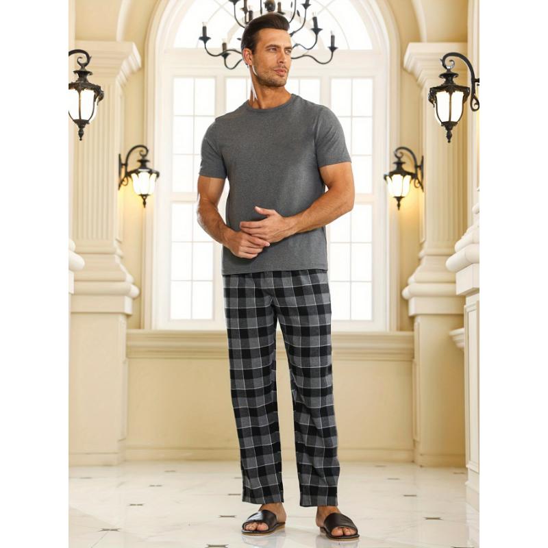 2 Pcs Men's Simple Solid Round Neck Long Sleeve & Plaid Trousers Pajama Set, Comfortable & Skin-friendly Style Pajamas For Men's Cozy Loungewear