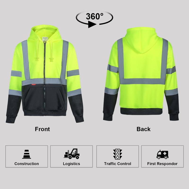 ProtectX Hi Vis Safety Hoodie for Men, Class 3 Reflective High Visibility Sweatshirt with Large Pocket, Long Sleeve Hooded Drawstring Pullover for Work & Construction