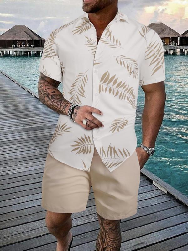 Men's 2pcs Leaf Print Button Front Shirt & Drawstring Waist Pocket Shorts Set, Regular Fit Casual Short Sleeve Top & Shorts for Beach Vacation Daily Wear, Summer Outfits Set for Men