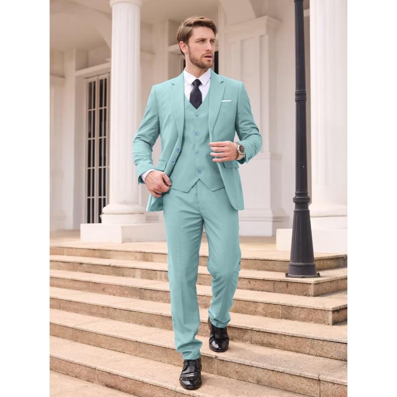 4-Piece Men's Slim Fit Suit Set - Solid Color Blazer Jacket, Vest, Formal Pants, and Matching Tie - Random Color Selection for a Sharp, Put-Together Look