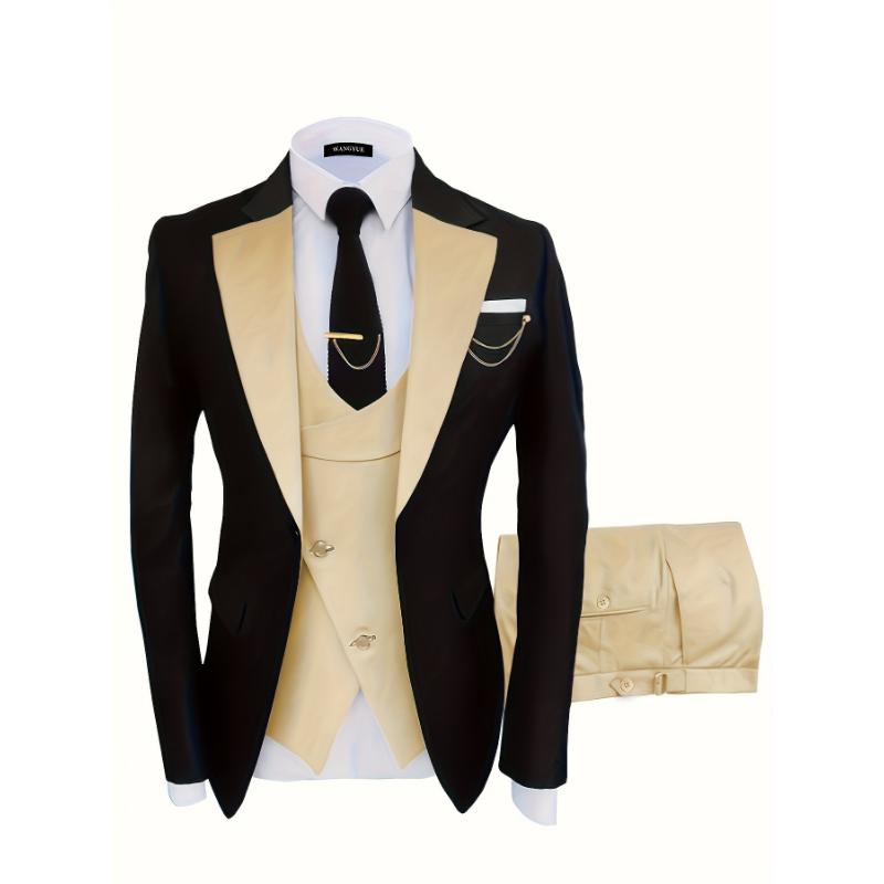 Formal 3 Pieces Set, Men's One Button Suit Jacket & Vest & Pants Suit Set For Business Dinner Wedding Party Menswear Polyester