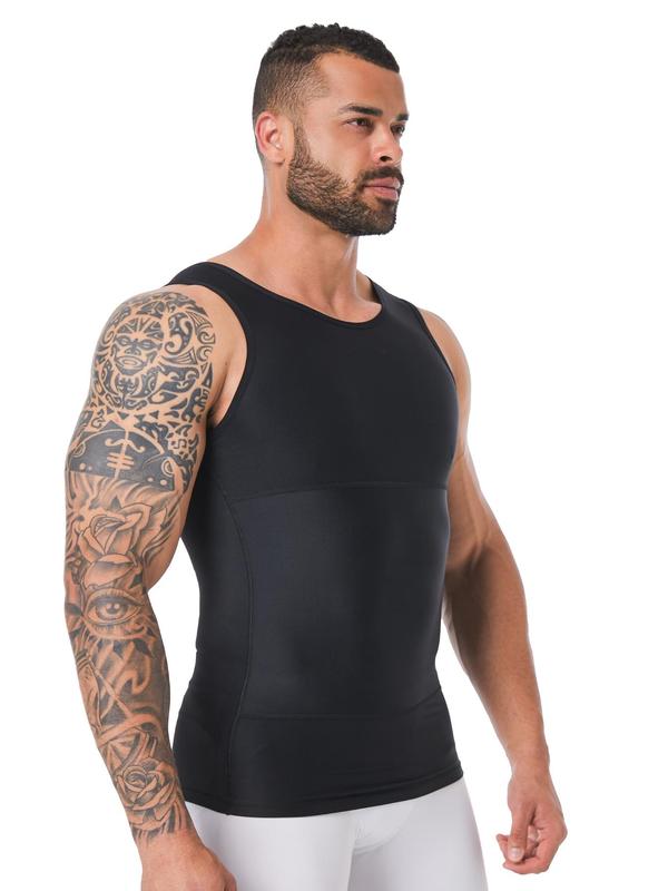 Men's Solid Round Neck Shapewear Tank Top, High Stretch Tummy Control Compression Top, Men's Shapewear for Daily Wear