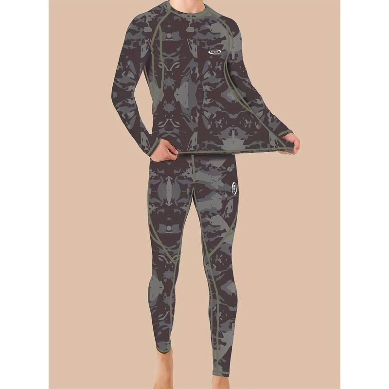 Men's camouflage print thermal underwear, wool autumn clothing set, winter hunting outdoor running cycling skiing equipment sports