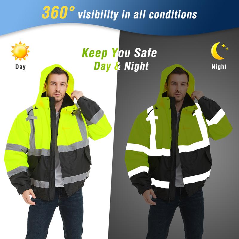 ProtectX High Visibility Waterproof Safety Jacket, Hi Vis Reflective Winter Construction Bomber Jacket for Men With Multi Pockets Menswear Clothing Workwear