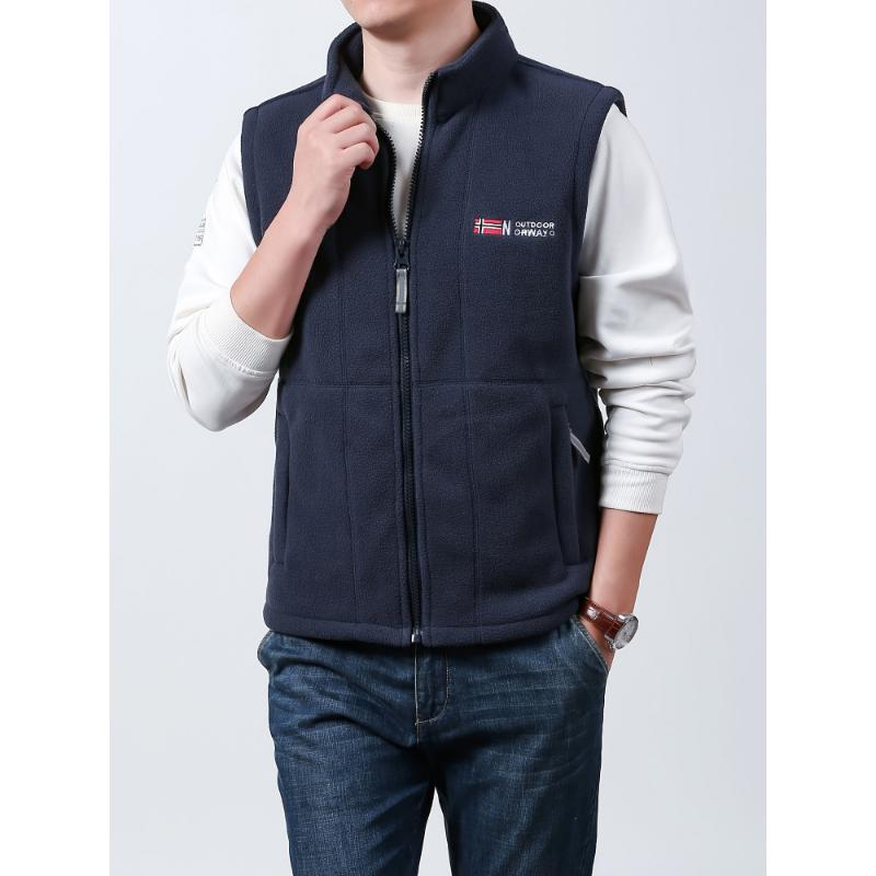 Men's Vest, Casual Fashion, Soft Comfort, Zippered Pockets, Stand-Up Collar, Polyester, Regular Length, Sleeveless, Spring Autumn, Solid Color, Knitted Fabric, Regular Fit