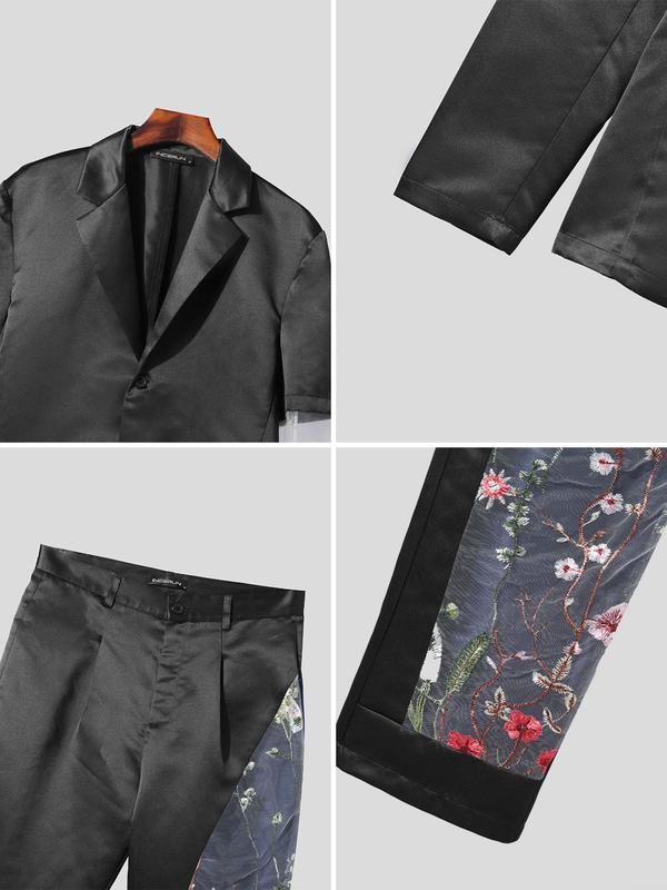 Two-Piece Set Men's Floral Embroidery Contrast Mesh Sheer Blazer & Plicated Pants, Asymmetrical Hem Lapel Neck Button Front Top & Trousers, Two-piece Outfits for Party Business Formal Occasions