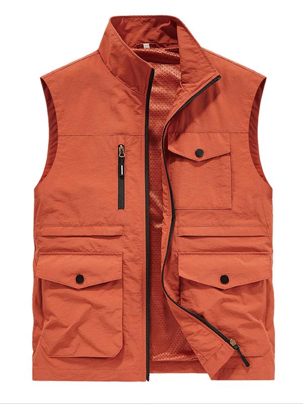 Men's Solid Zip Up Pocket Sports Vest Jacket, Regular Fit Casual Stand Collar Sleeveless Outerwear for Outdoor Activities, Men's Sportswear Clothing for Fall & Winter