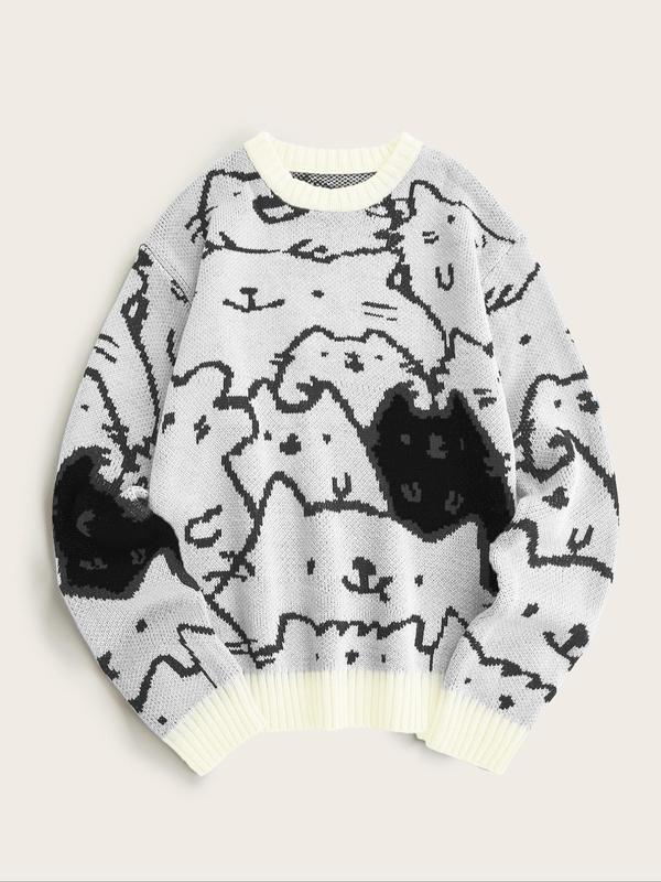 Men's Cartoon Cat Print Drop Shoulder Sweater, Fashion Casual Soft Comfy Regular Fit Long Sleeve Round Neck Jumper For Summer, Men's Knitwear For Daily Wear