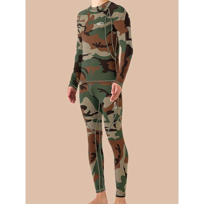 Men's camouflage print thermal underwear, wool autumn clothing set, winter hunting outdoor running cycling skiing equipment sports