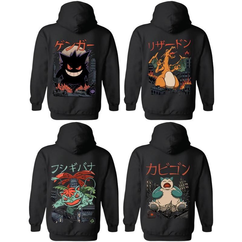 Gengar, Charizard, Venusaur & Snorlax Hoodie - Dark Ghost, Fiery Dragon, Jungle Beast, Lazy Giant Kaiju Japanese Style Hoodie , Japanese Anime Movie Film Nerd Gaming Novelty Funny Unisex Hoodie