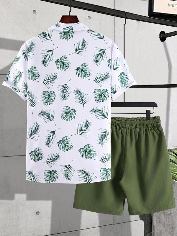 2 Counts Men's Plants Print Shirt & Pocket Drawstring Shorts Set, Boho Casual Tropical Print Button Down Hawaiian Shirt & Shorts, Men's Outfits for Summer Beach Vacation Formal Wear, Menswear Suits