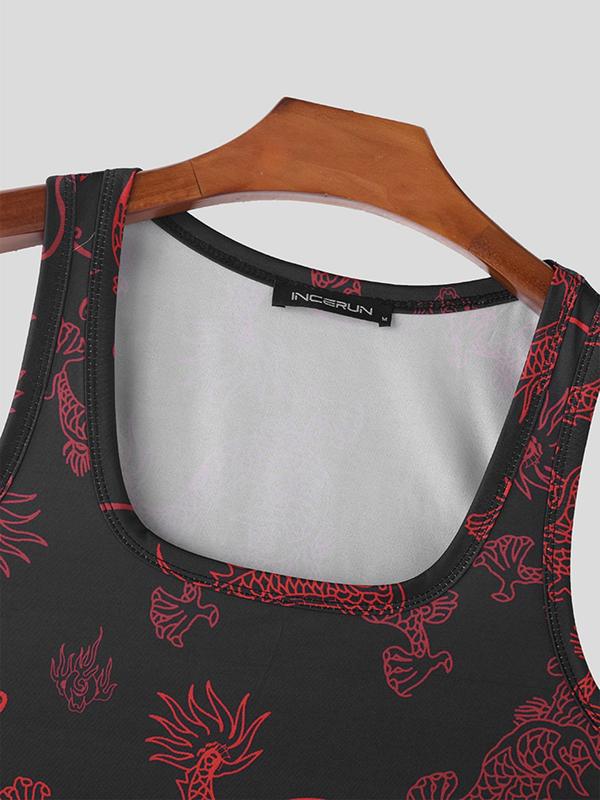 Men's Dragon Print Tank Top, Regular Fit Street Square Neck Sleeveless Top for Summer, Fashion Men's Top for Daily Wear Tank Vest