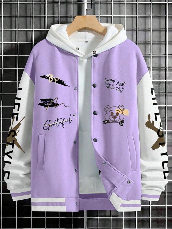 Men's Cartoon Bear & Letter Print Drop Shoulder Varsity Jacket without Inner Top, Loose Casual Preppy Style Long Sleeve Pocket Button Front Outerwear for Daily Wear, Men's Clothes for All Seasons Varsity Hoodie