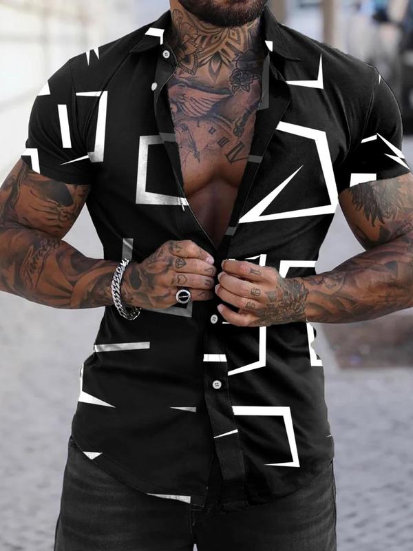 Men's All Over Print Button Front Shirt, Regular Fit Short Sleeve Shirt Colloar Button Up Top for Summer, Fashion Men's Streetwear Clothes for Casual Daily Wear