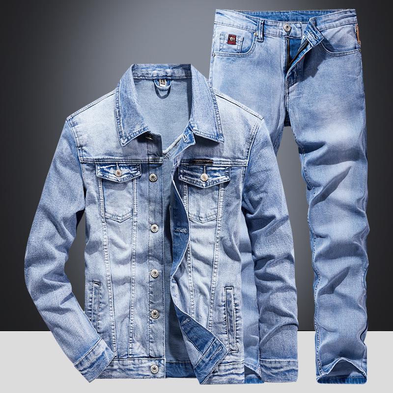 Light Blue Denim Suit Men's Slim-Fit Korean-Style Stretch Two-Piece Spring and Autumn Trends Jacket Jacket Menswear Overalls