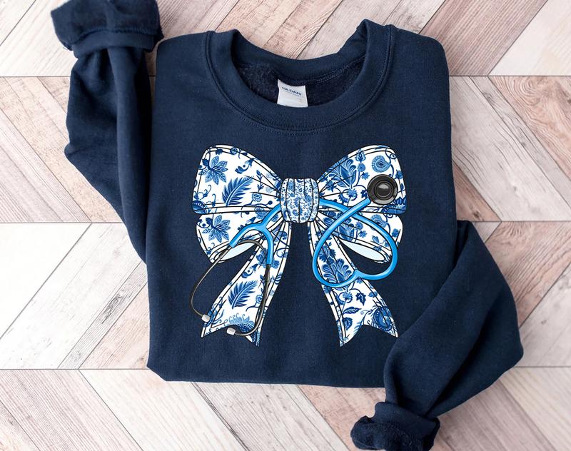 Nurse Stethoscope Bow Sweatshirt - Blue Ribbon Shirt for Nurses - Pullover, Fabric