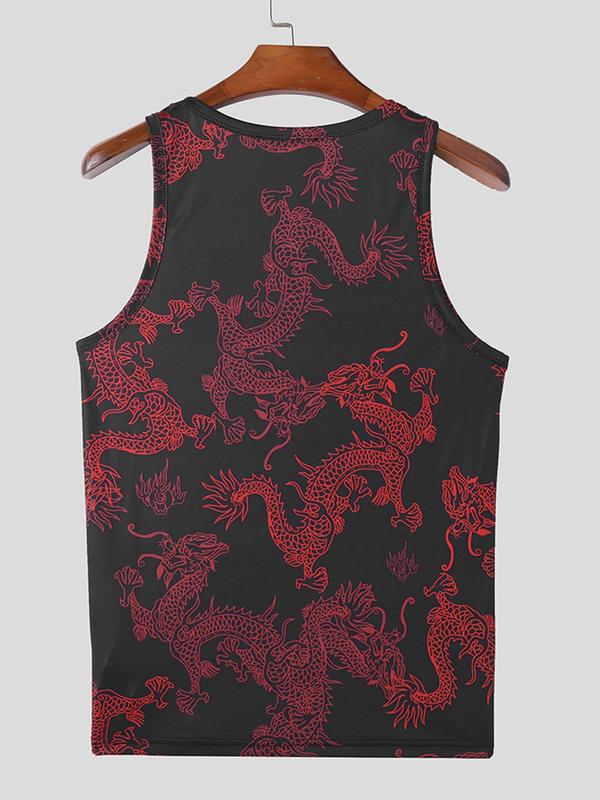 Men's Dragon Print Tank Top, Regular Fit Street Square Neck Sleeveless Top for Summer, Fashion Men's Top for Daily Wear Tank Vest