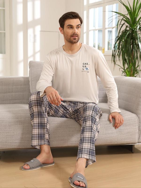 Two-piece Set Men's Letter Print Long Sleeve Tee & Plaid Print Elastic Waist Pants Pyjama, Casual Comfy Round Neck Top & Trousers Pj Set, Men's Sleepwear for Spring & Fall