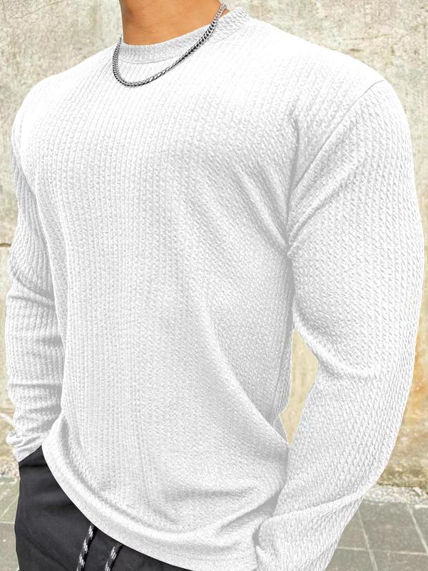 Men's Solid Textured Round Neck Knit Top, Casual Regular Fit Long Sleeve Crew Neck Knitwear for Spring & Fall, Fashion Men's Knit Clothing for Daily Wear