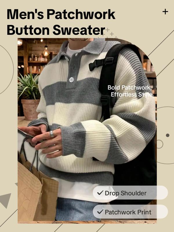 Men's Patchwork Print Half Button Sweater, Loose Casual Drop Shoulder Collared Jumper for Fall & Winter, Fall Pullover Sweaters, Men's Knitwear for Daily Wear