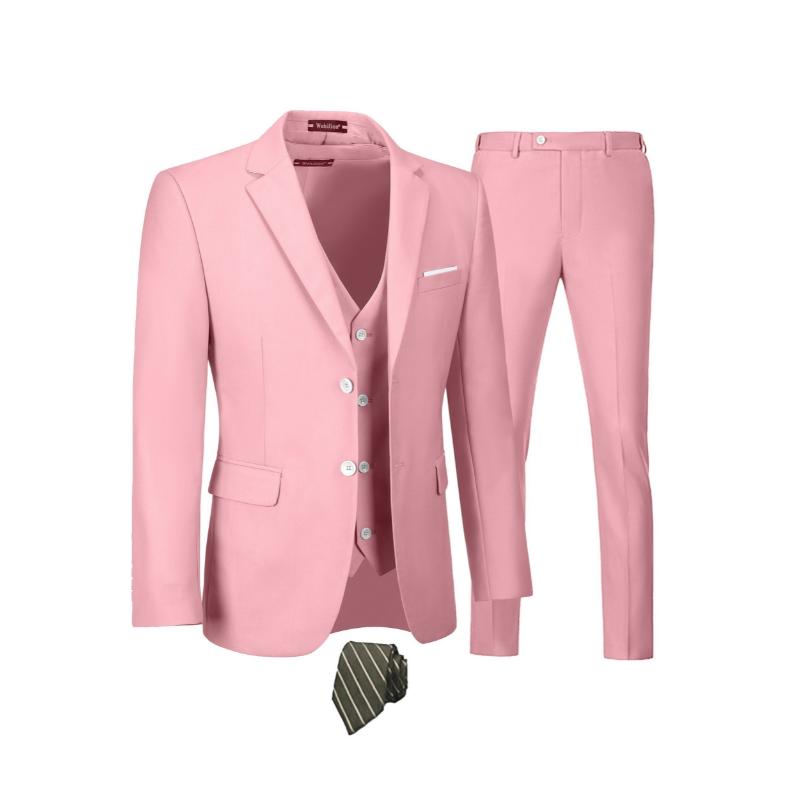 4-Piece Men's Slim Fit Suit Set - Solid Color Blazer Jacket, Vest, Formal Pants, and Matching Tie - Random Color Selection for a Sharp, Put-Together Look