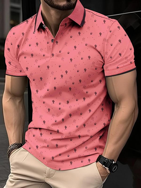 Men's Cactus Print Short Sleeve Polo Shirt, Regular Fit Casual Half Button Collar Top, Men's Back To School Clothes for Daily Wear, Summer Outfits 2024, Men's Tops, Polo Shirts Men