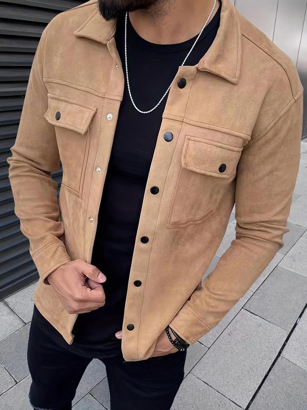 Men's Solid Color Button Front Pocket Suede Jacket, Fall Outfits, Regular Fit Casual Long Sleeve Collared Outerwear for Fall, Fashion Men's Clothes for Daily Wear Starboy Outfits Men Tops