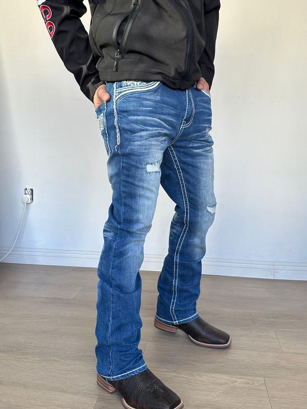 Xecond Yves Navy Blue with rip's and Embroidered  with a Cross in Back Pockets jeans