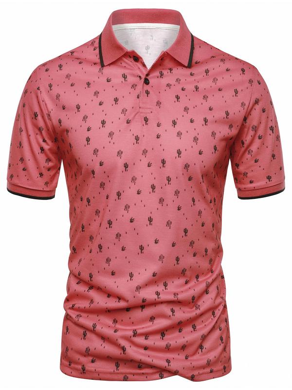 Men's Cactus Print Short Sleeve Polo Shirt, Regular Fit Casual Half Button Collar Top, Men's Back To School Clothes for Daily Wear, Summer Outfits 2024, Men's Tops, Polo Shirts Men