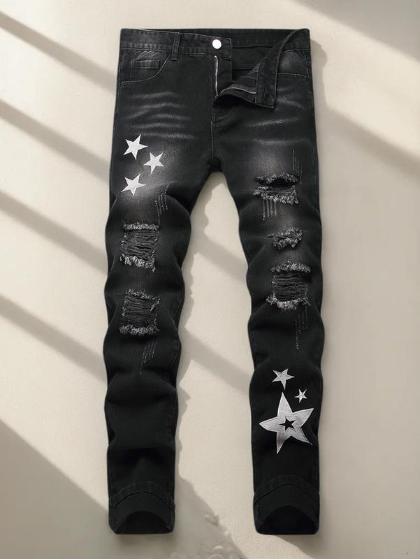 Men's star print ripped raw edge patchwork ripped jeans Slim fit casual trousers Menswear Pants