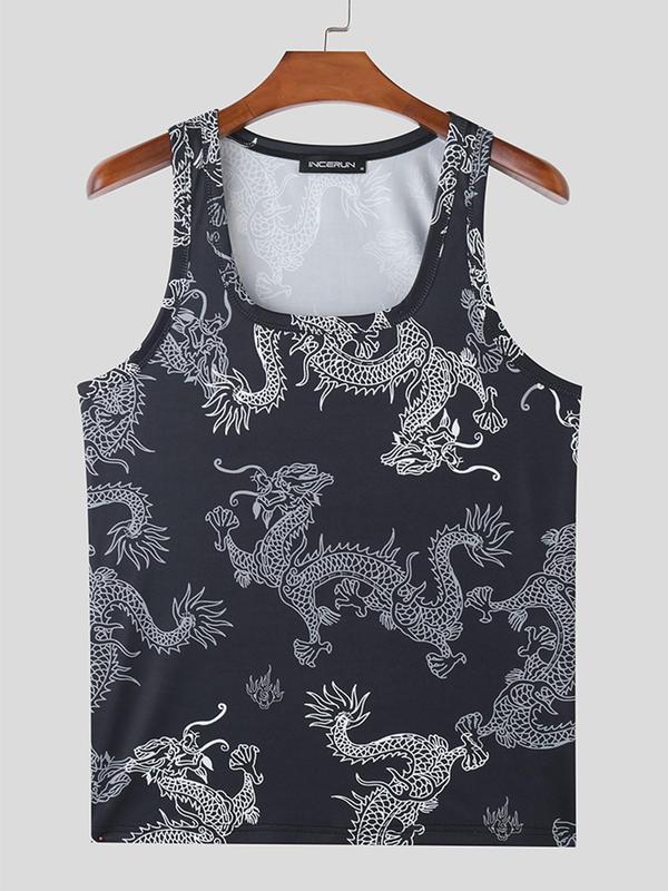 Men's Dragon Print Tank Top, Regular Fit Street Square Neck Sleeveless Top for Summer, Fashion Men's Top for Daily Wear Tank Vest