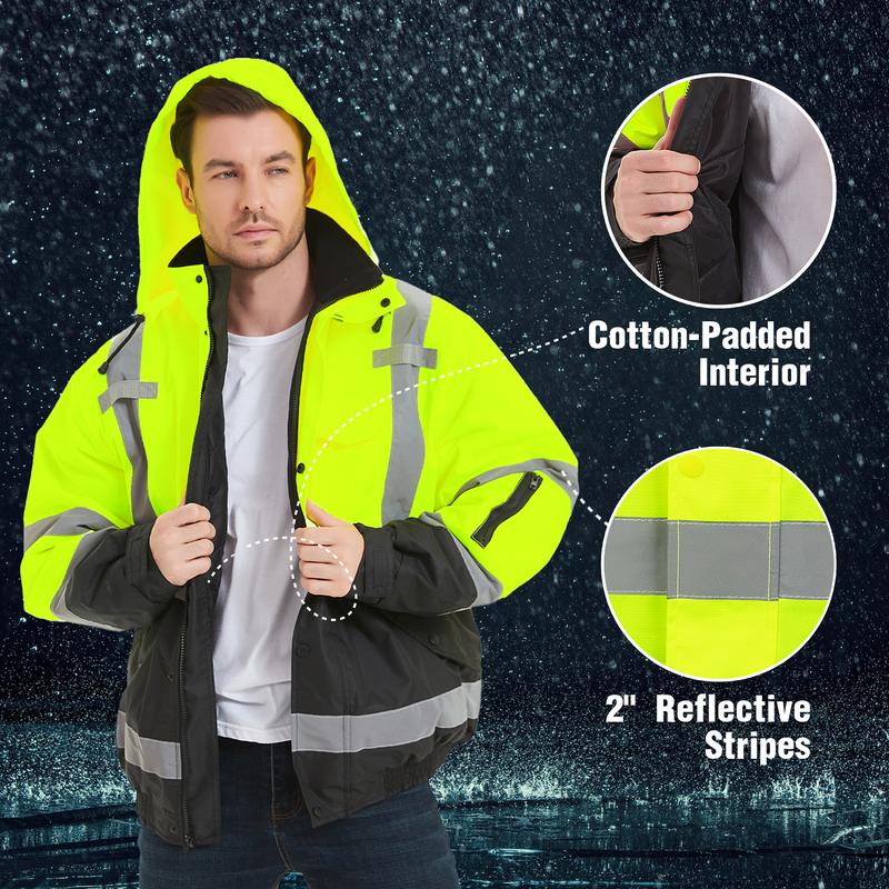 ProtectX High Visibility Waterproof Safety Jacket, Hi Vis Reflective Winter Construction Bomber Jacket for Men With Multi Pockets Menswear Clothing Workwear