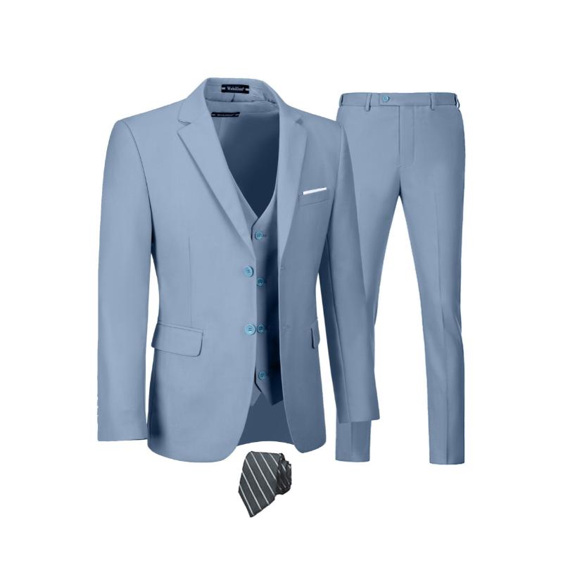 4-Piece Men's Slim Fit Suit Set - Solid Color Blazer Jacket, Vest, Formal Pants, and Matching Tie - Random Color Selection for a Sharp, Put-Together Look