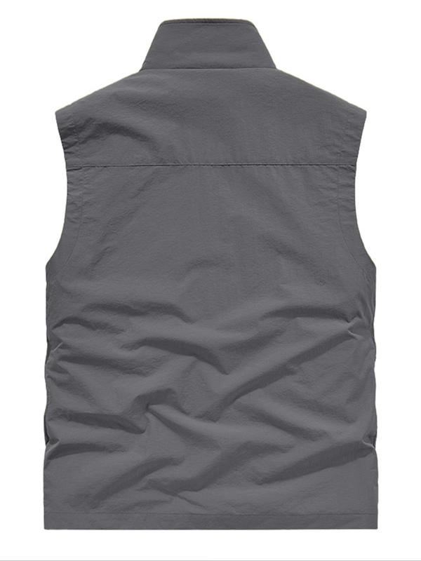 Men's Solid Zip Up Pocket Sports Vest Jacket, Regular Fit Casual Stand Collar Sleeveless Outerwear for Outdoor Activities, Men's Sportswear Clothing for Fall & Winter