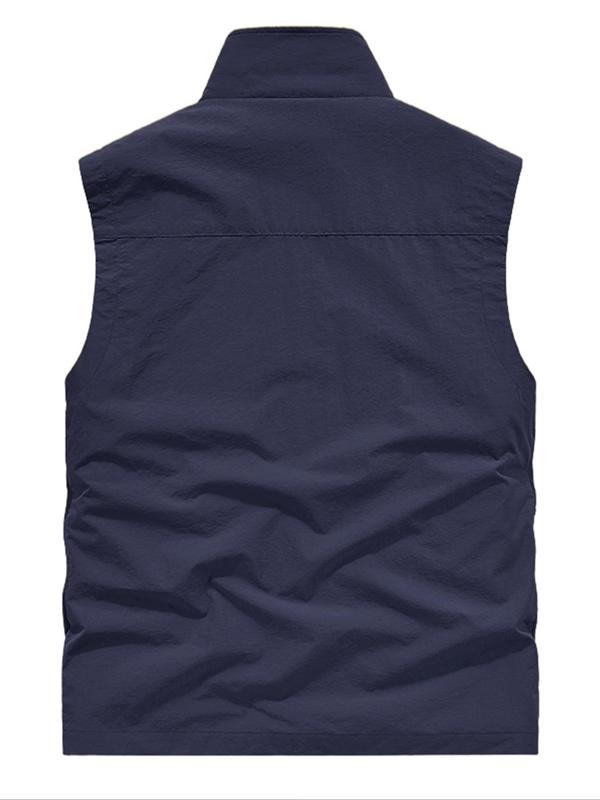 Men's Solid Zip Up Pocket Sports Vest Jacket, Regular Fit Casual Stand Collar Sleeveless Outerwear for Outdoor Activities, Men's Sportswear Clothing for Fall & Winter