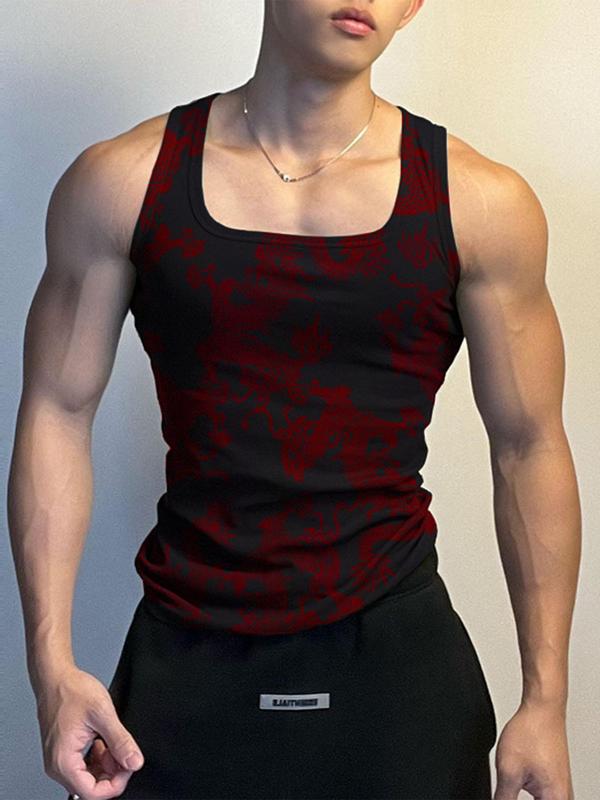 Men's Dragon Print Tank Top, Regular Fit Street Square Neck Sleeveless Top for Summer, Fashion Men's Top for Daily Wear Tank Vest