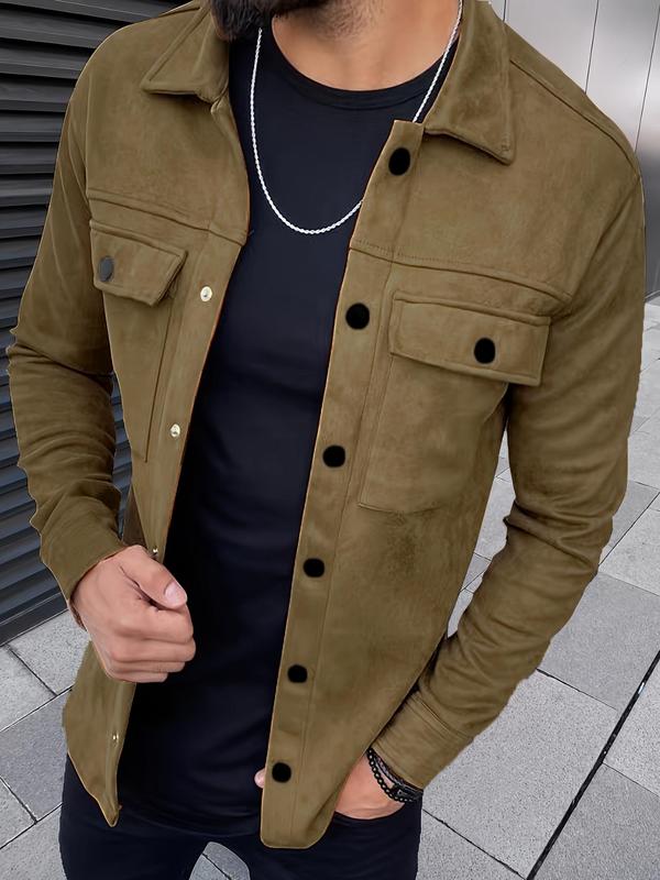 Men's Solid Color Button Front Pocket Suede Jacket, Fall Outfits, Regular Fit Casual Long Sleeve Collared Outerwear for Fall, Fashion Men's Clothes for Daily Wear Starboy Outfits Men Tops