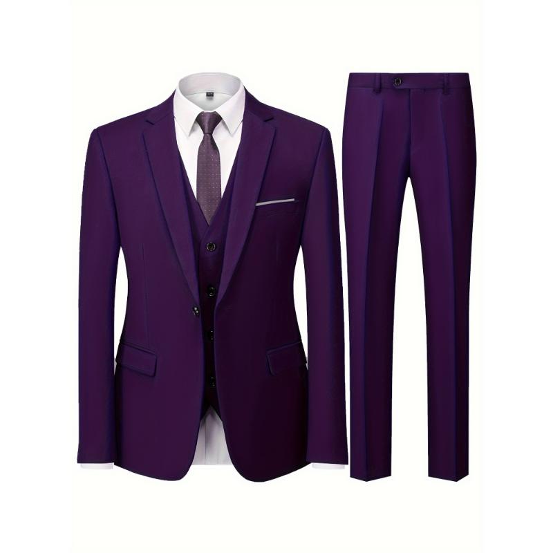 3pcs Men's Business Fashion Dress Suit Set, Notch Lapel Collar Blazer, Single Breasted Waistcoat With Back Tie And Slim Fit Pants, Elegant And Smart Formal Wear For Business, Wedding, Banquet Wear